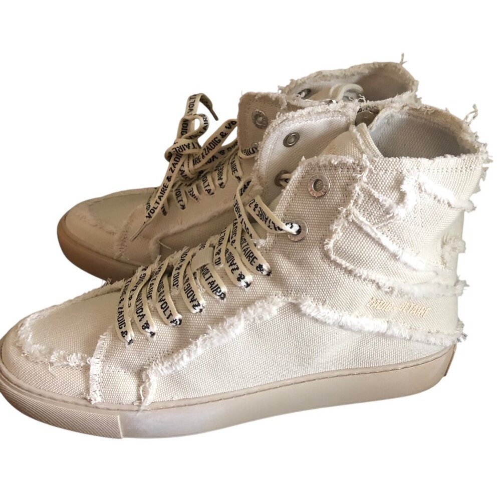 NIB ZADIG & VOLTAIRE Women's High Flash Distressed Canvas High Top Sneakers Size - Picture 3 of 14
